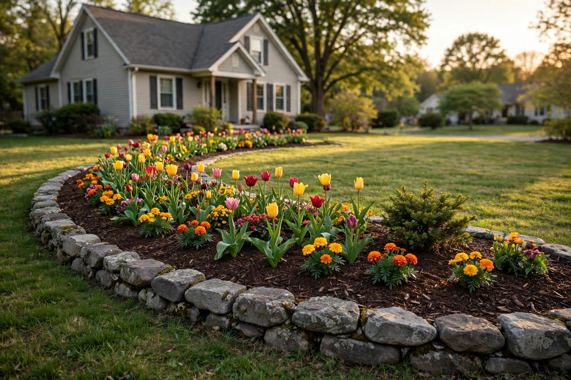 edging flower beds with stone ideas: Stone-edged flower bed in front of a suburban home