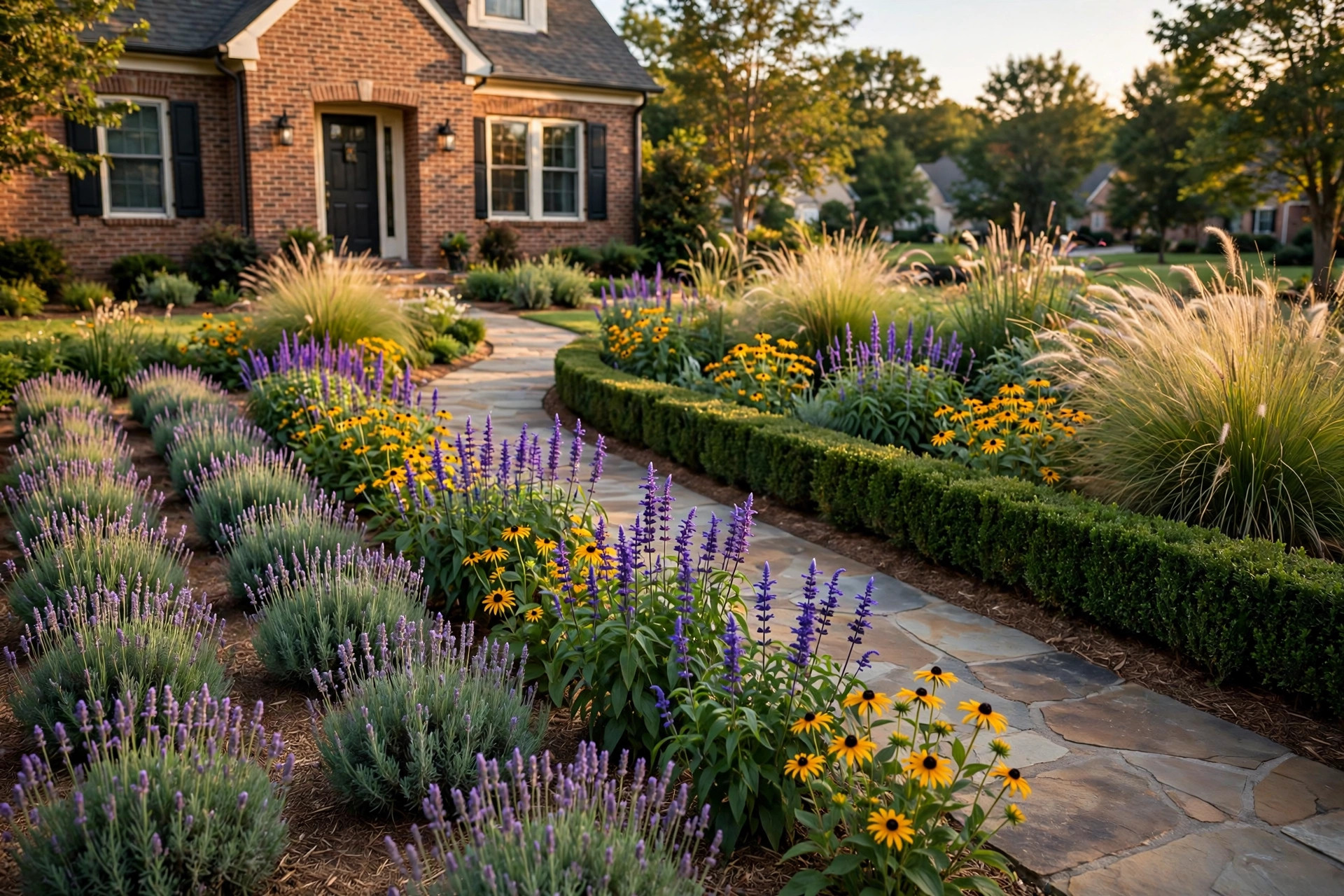 Landscaped suburban front yard with deer resistant landscaping plants for suburbs along the walkway