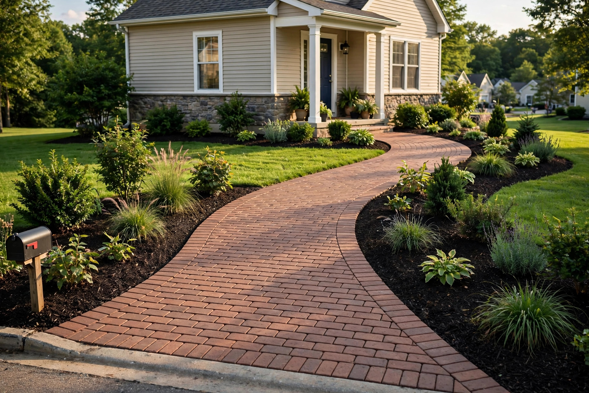 Paver walkway in an American front yard, showing paver walkway installation cost near me