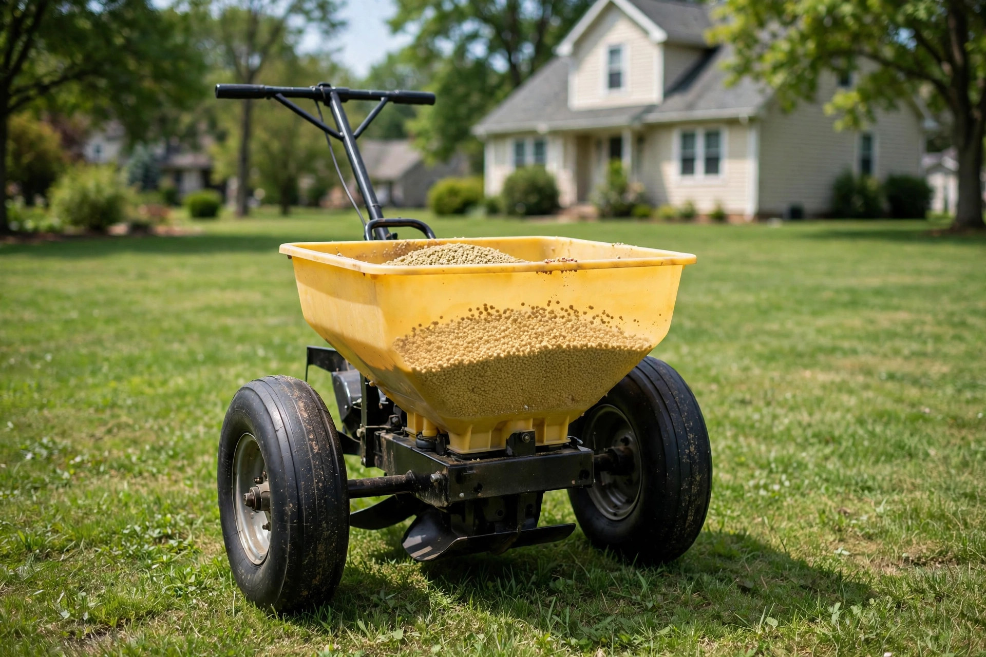 best broadcast spreader for large lawns: Walk-behind broadcast spreader on a large American lawn