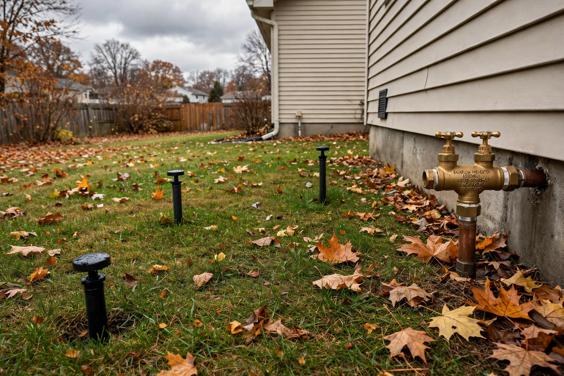Sprinkler heads in a yard prepared for winter by a lawn irrigation winterization service near me