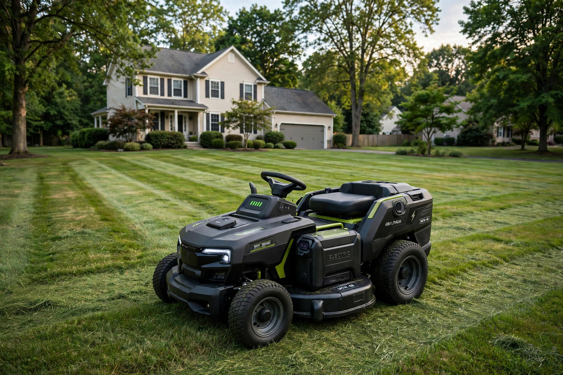 electric riding mower reviews for small acreage: electric riding mower for small acreage parked on a freshly mowed suburban lawn