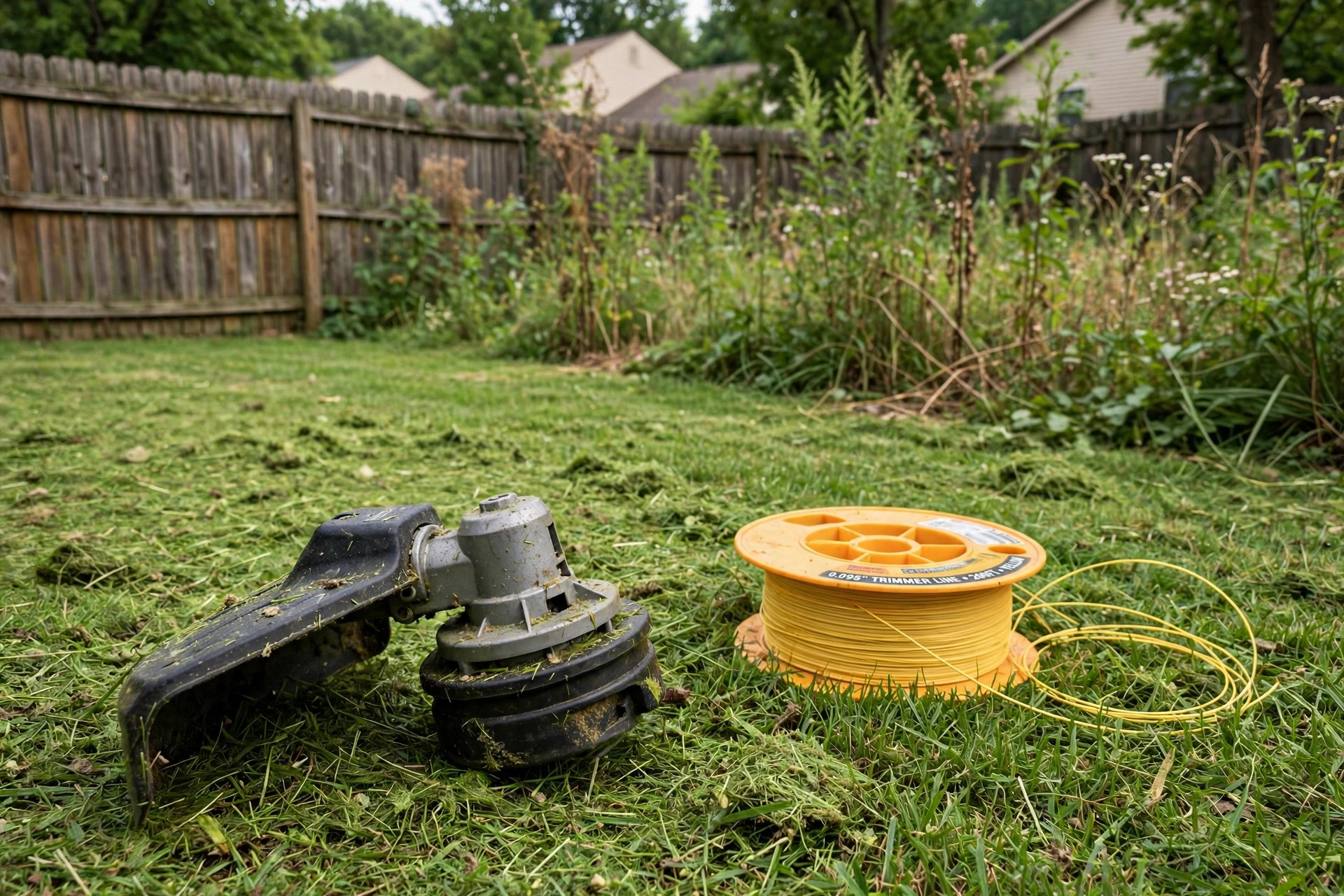 best weed eater string thickness for weeds: Weed eater trimmer head with thick line resting on lawn grass