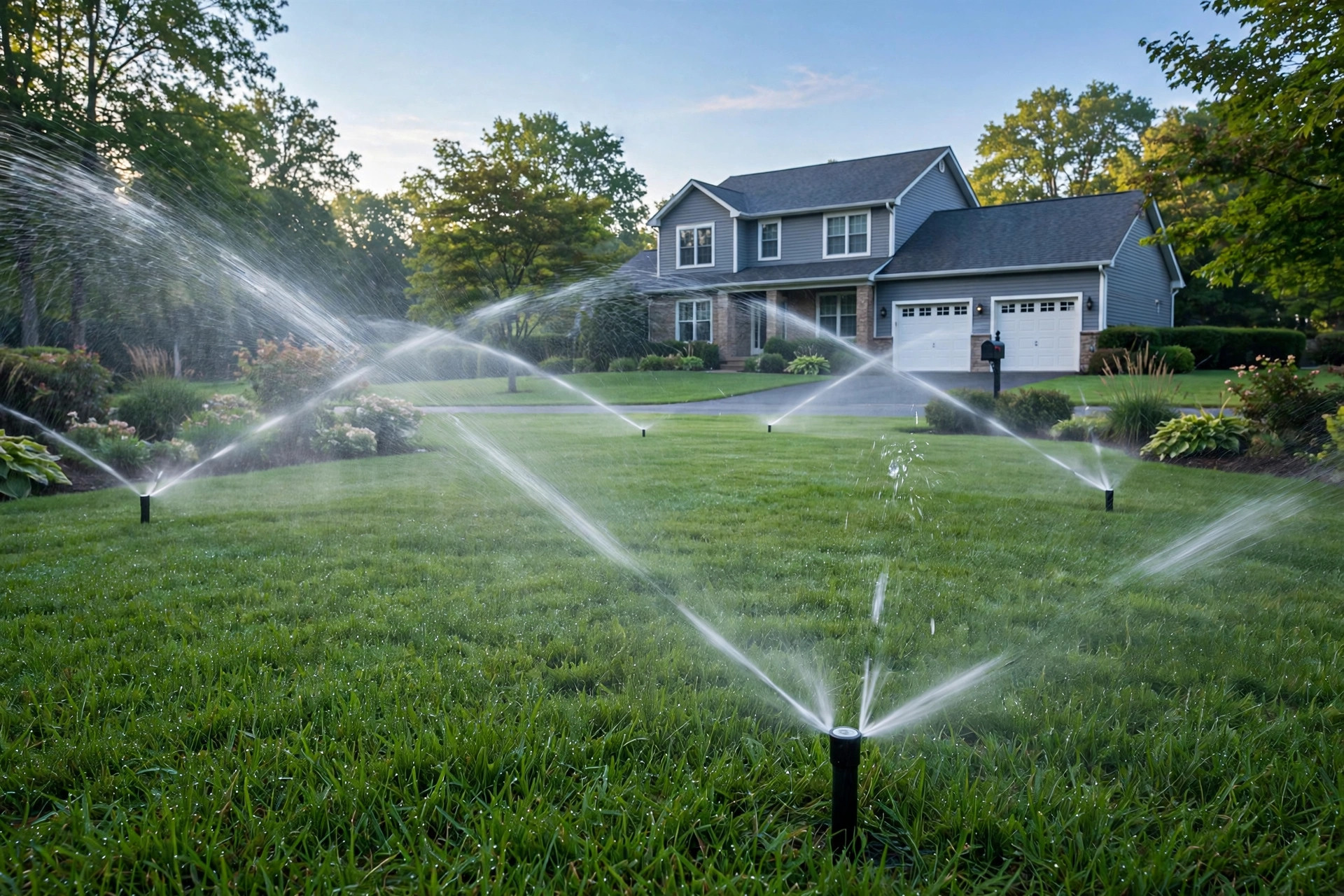 Lawn sprinkler heads watering a green yard during a sprinkler system repair service near me visit