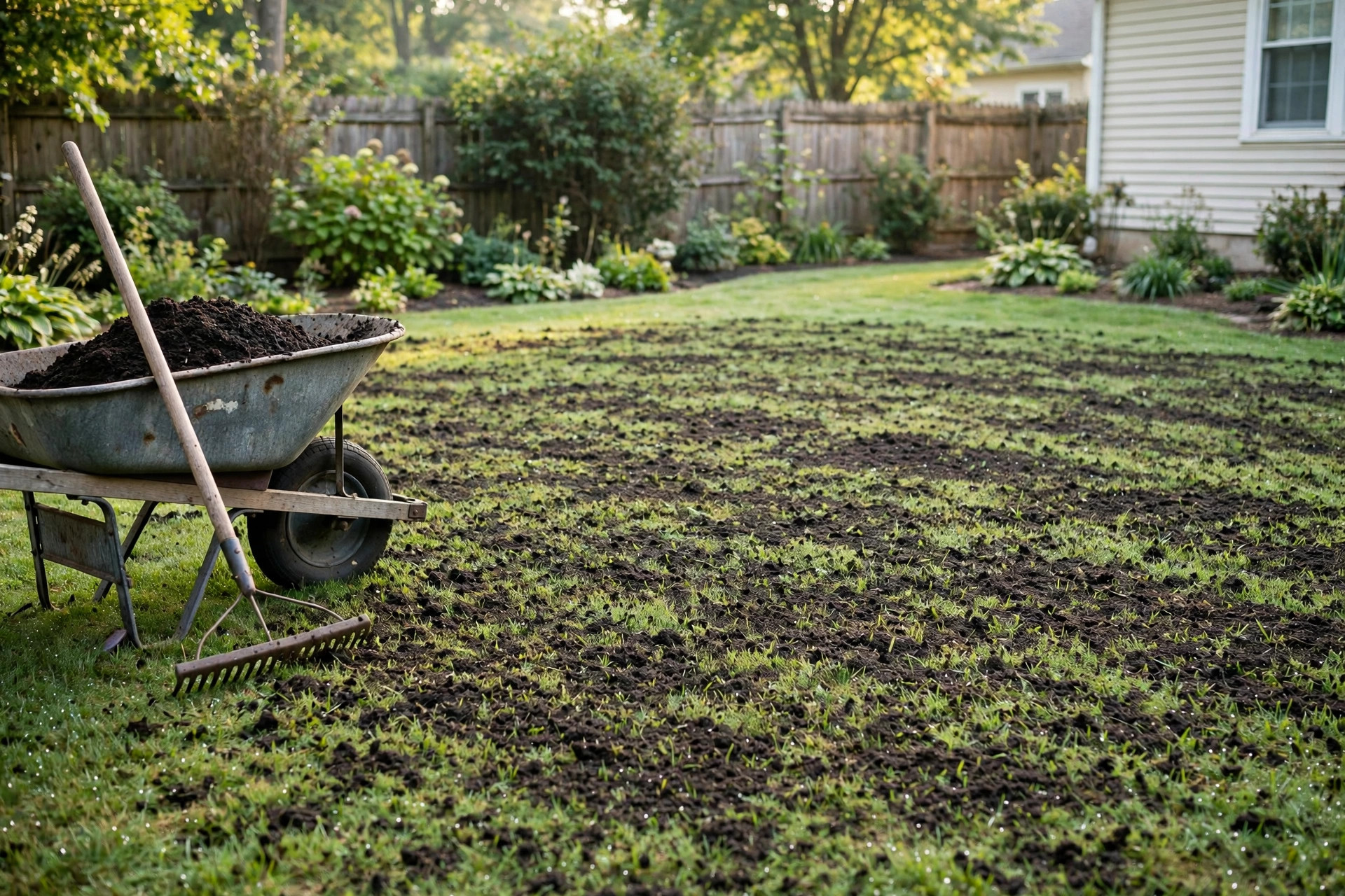 best compost topdressing for lawns reviews: Compost topdressing spread thin over a green lawn in an American backyard
