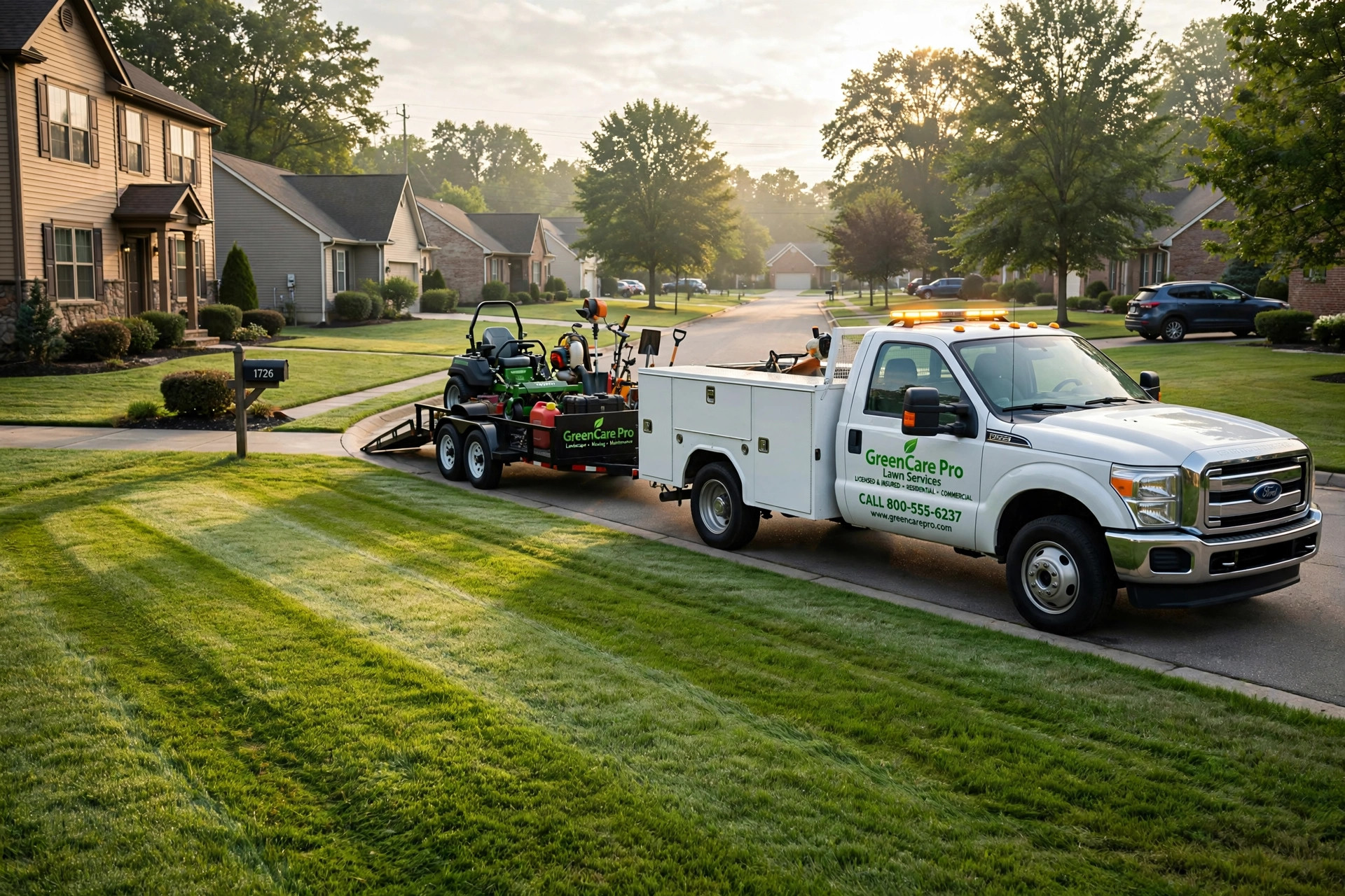 lawn care franchise opportunities in usa: A branded lawn care franchise truck with mowing equipment parked on a suburban street