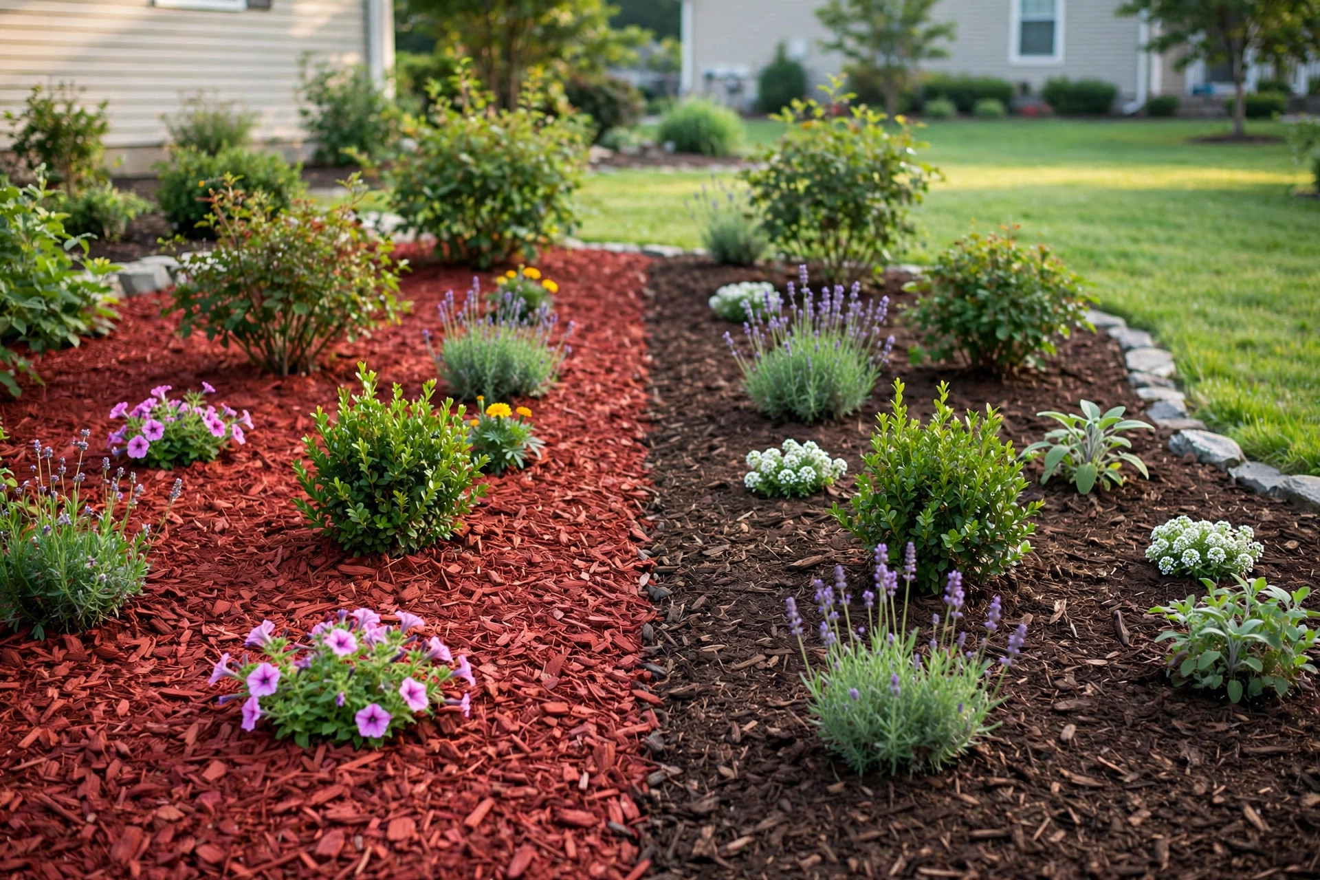 red mulch vs brown mulch which better: A side-by-side photo of red mulch and brown mulch in a suburban garden bed