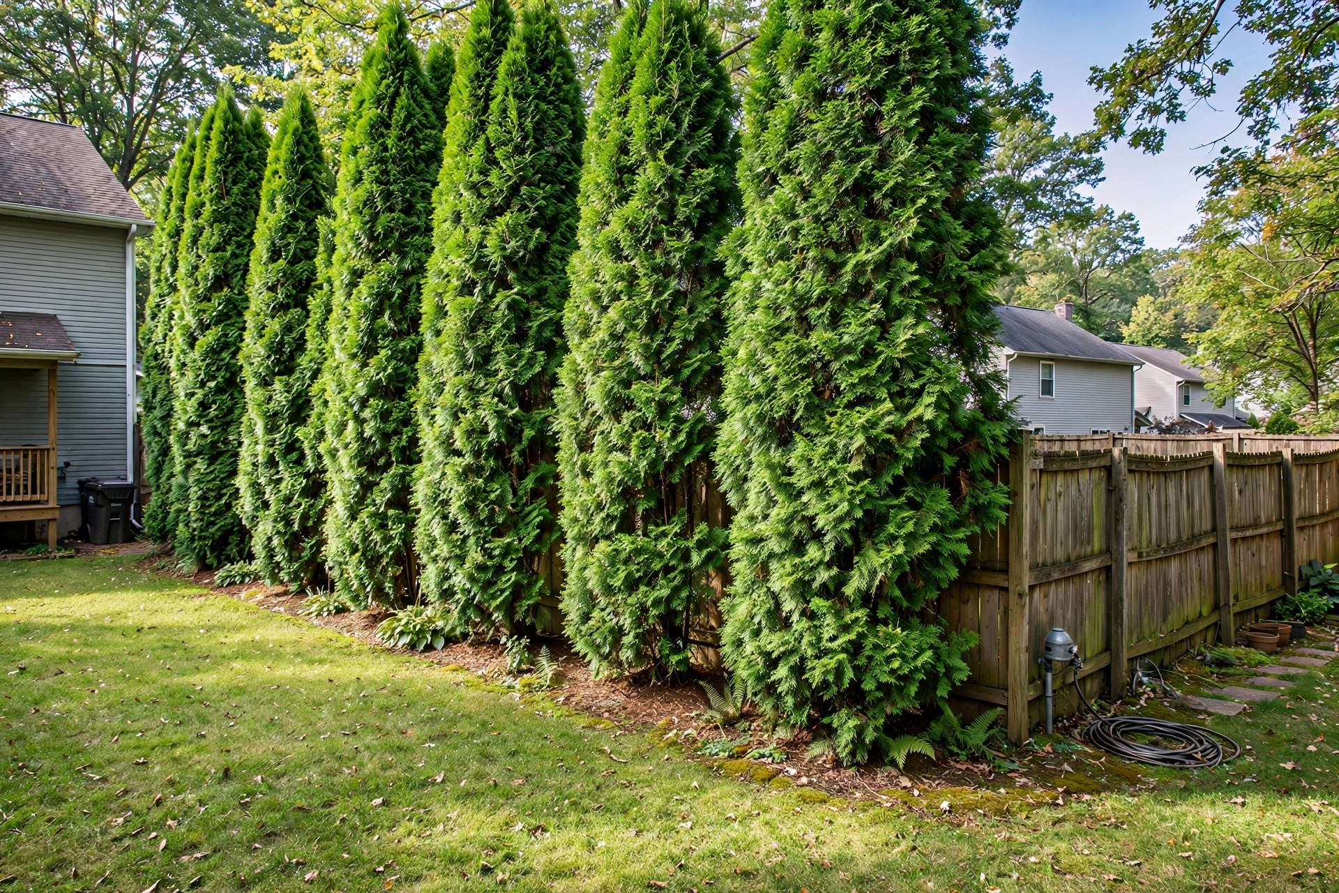 privacy hedge plants fast growing for fences: Row of fast growing privacy hedge plants along a backyard fence