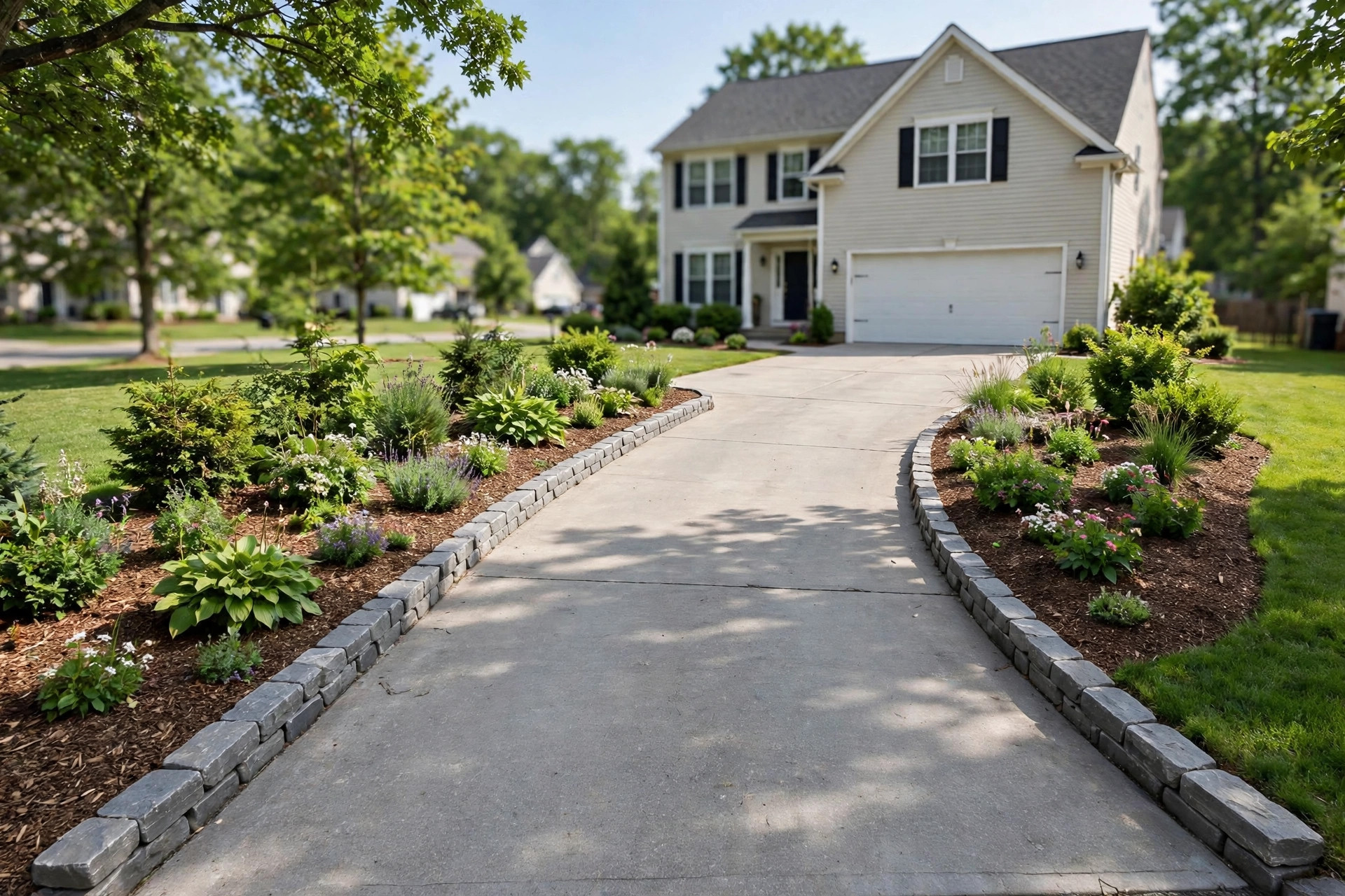 driveway edging ideas for curb appeal: A paved driveway with neat stone edging and flower borders in a suburban front yard