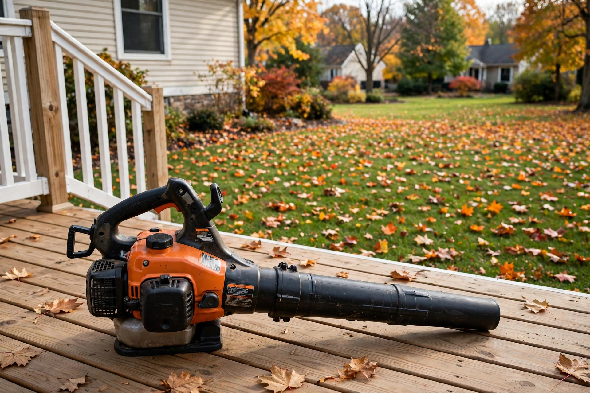 Gas leaf blower resting on a wooden deck near a suburban yard, with the best gas leaf blower under 300 dollars theme