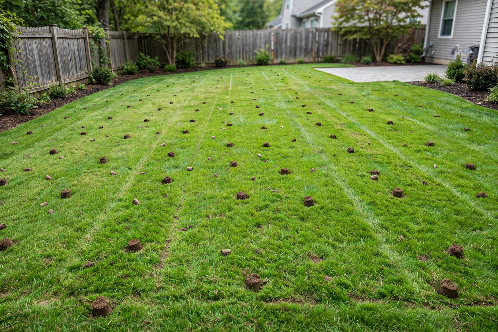Lawn aeration vs dethatching which first — aerated lawn with soil plugs after coring