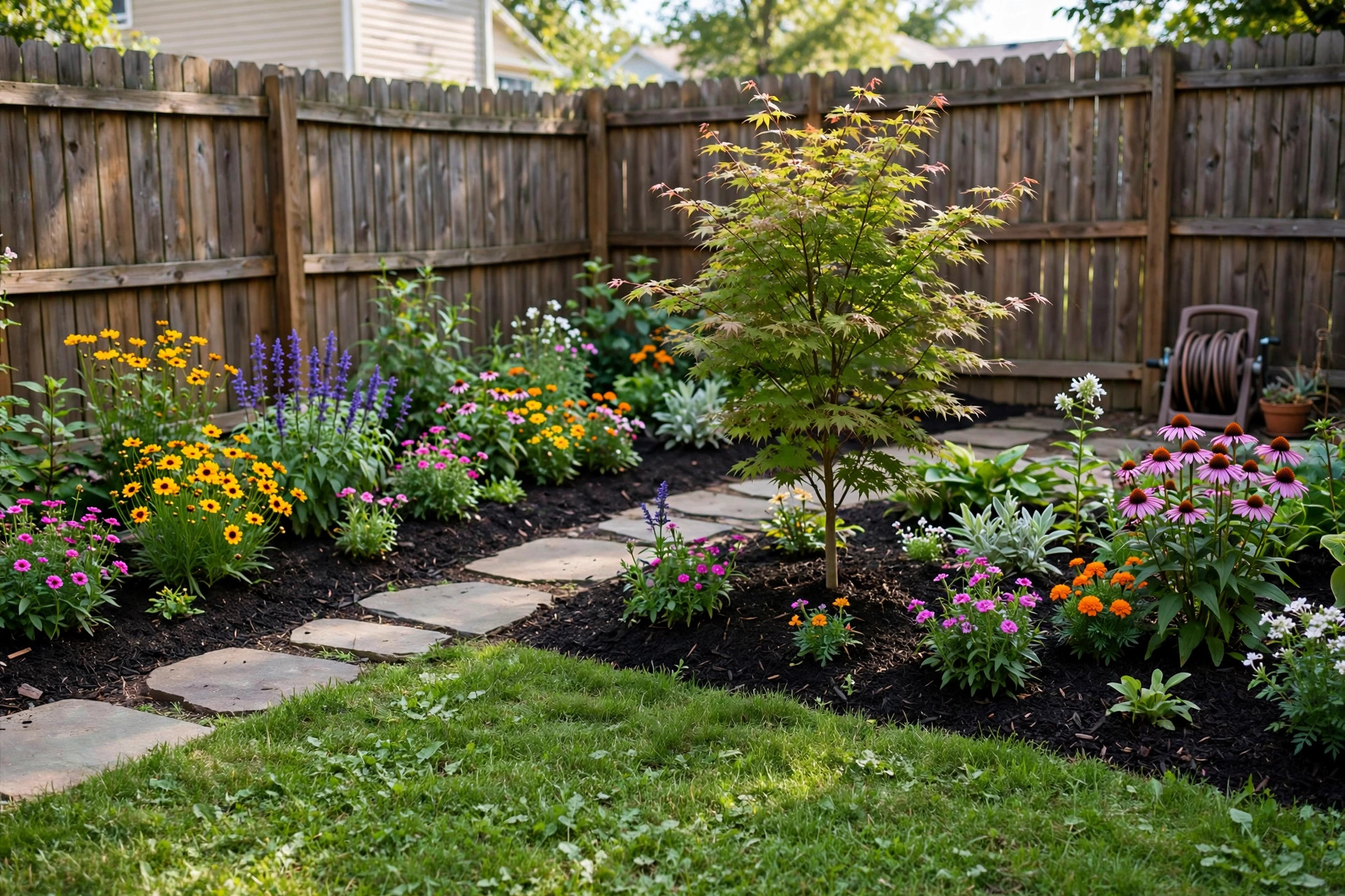 small yard landscaping ideas on budget: A small backyard landscaped on a budget with a fresh mulch bed, stone path, and tidy lawn