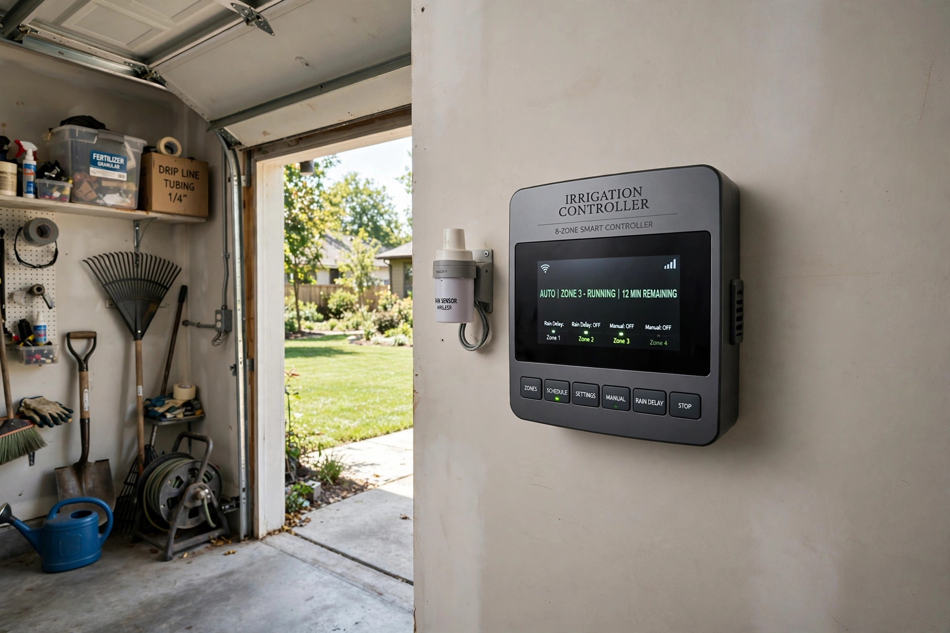 Best irrigation controller with rain sensor mounted on a garage wall