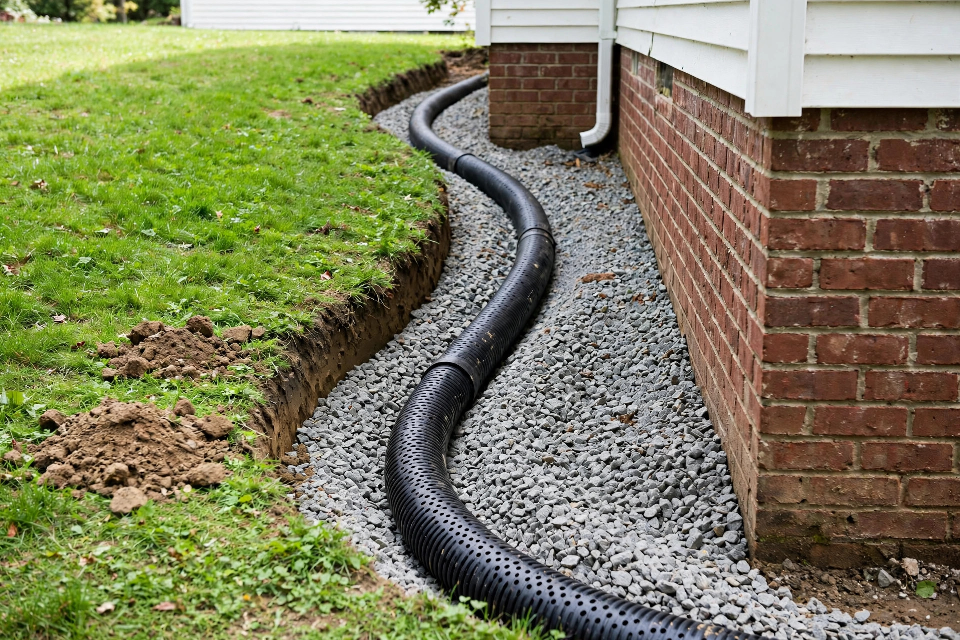how to install french drain around house: French drain trench around a house foundation with gravel and pipe