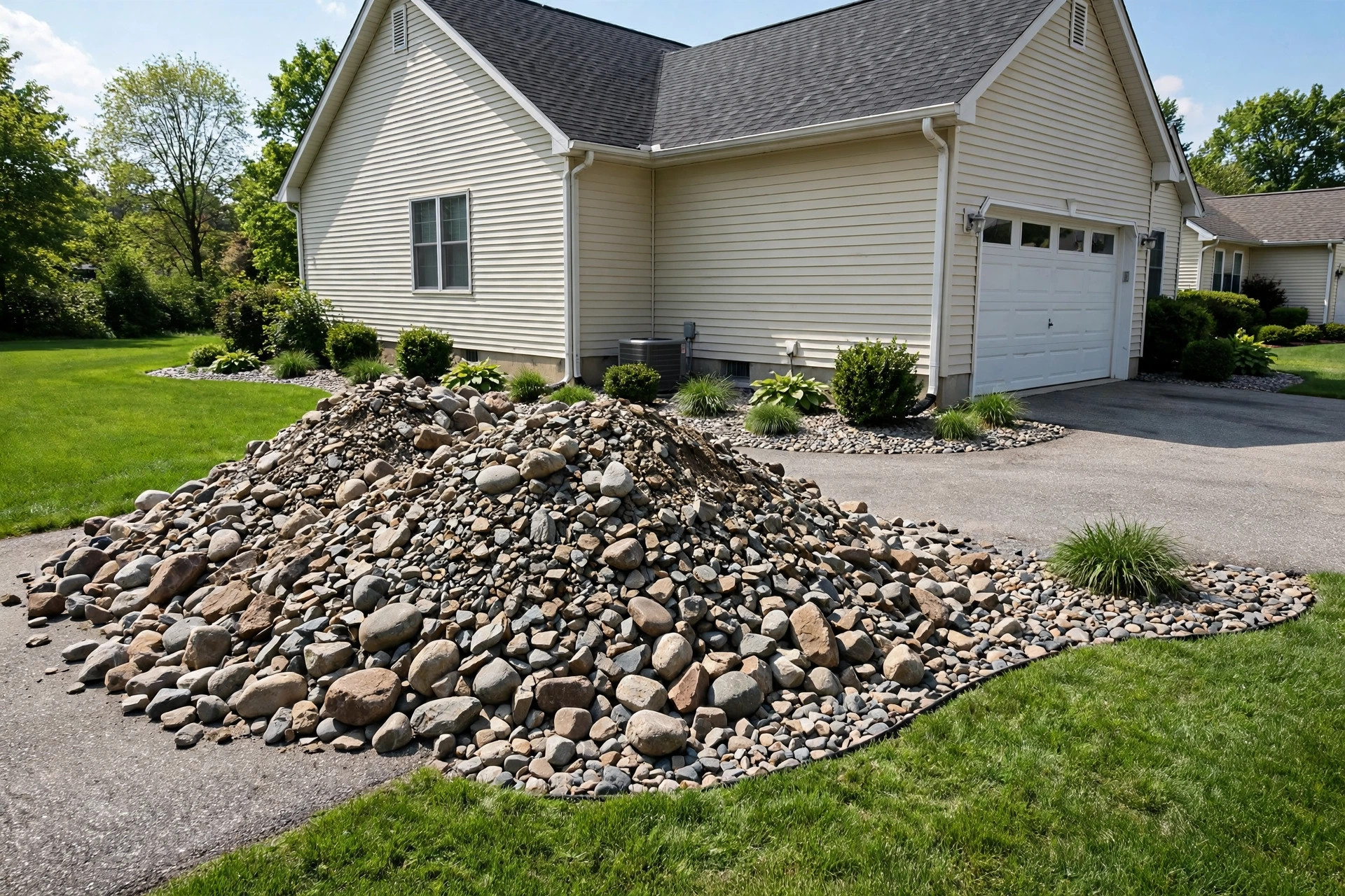 Gravel and river rock beds around a brick ranch home with cheap landscape rock delivery near me
