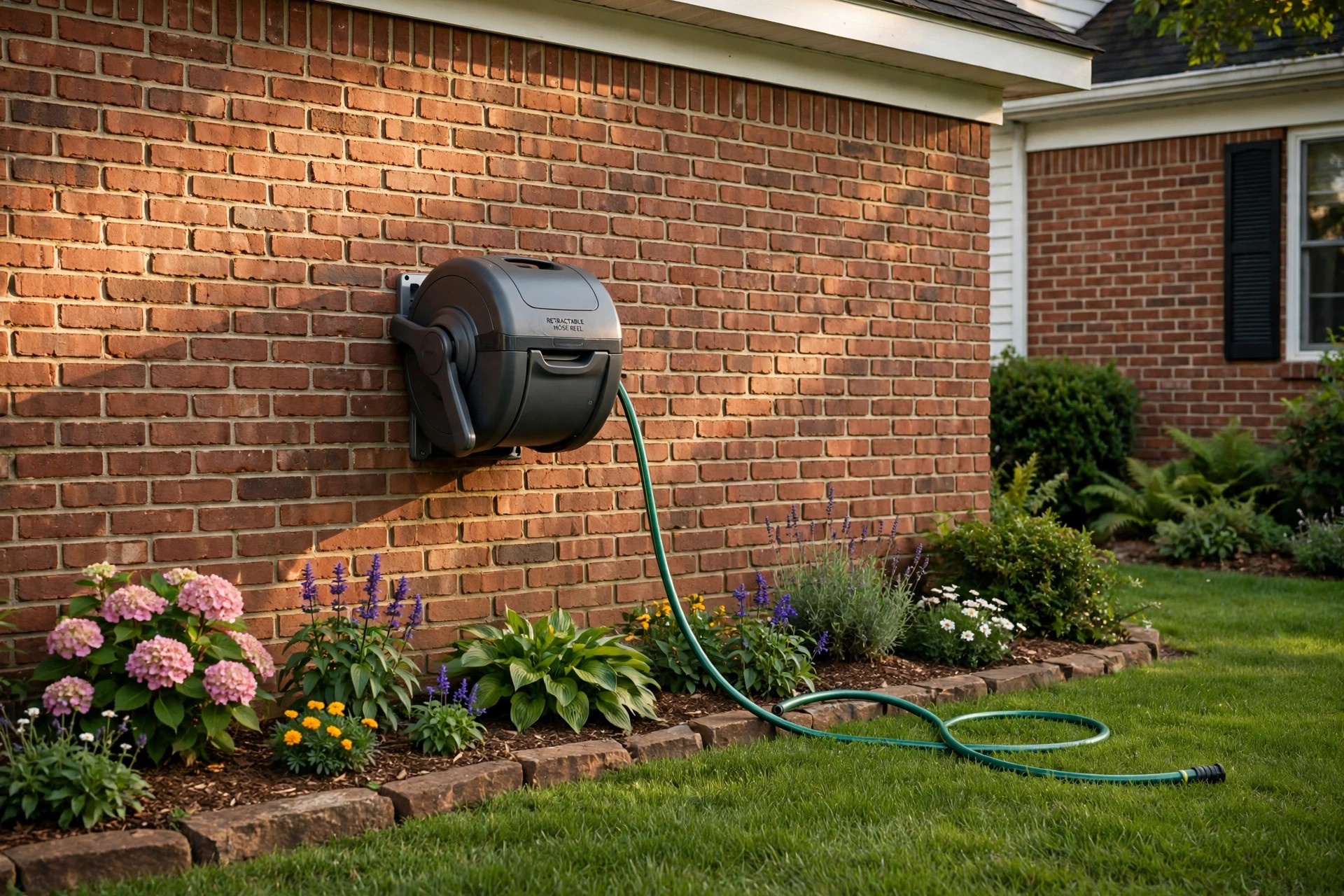 Retractable garden hose reel reviews USA: wall-mounted reel beside an American home