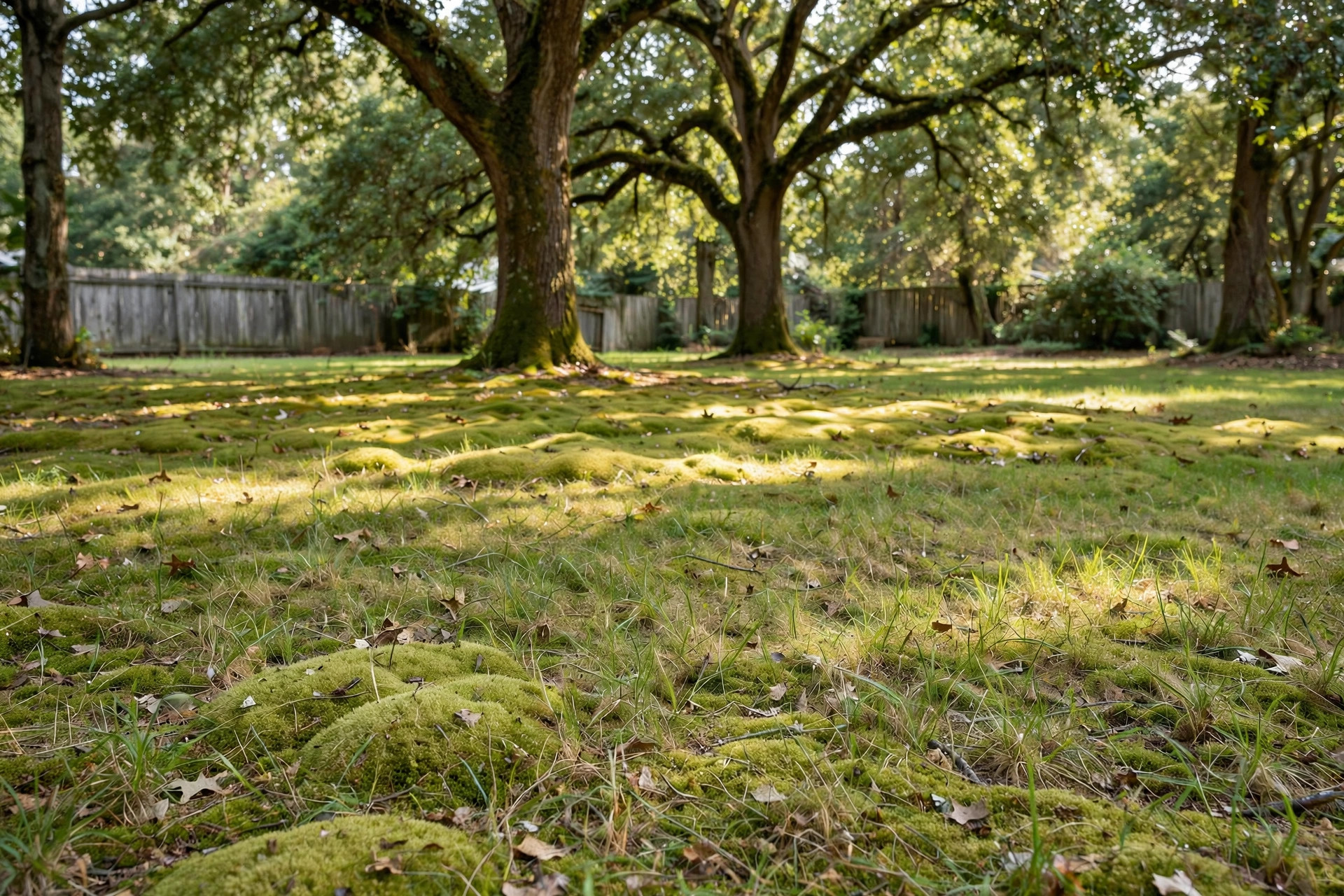Best moss killer for shaded lawns: moss patches spreading on a shaded lawn under large trees