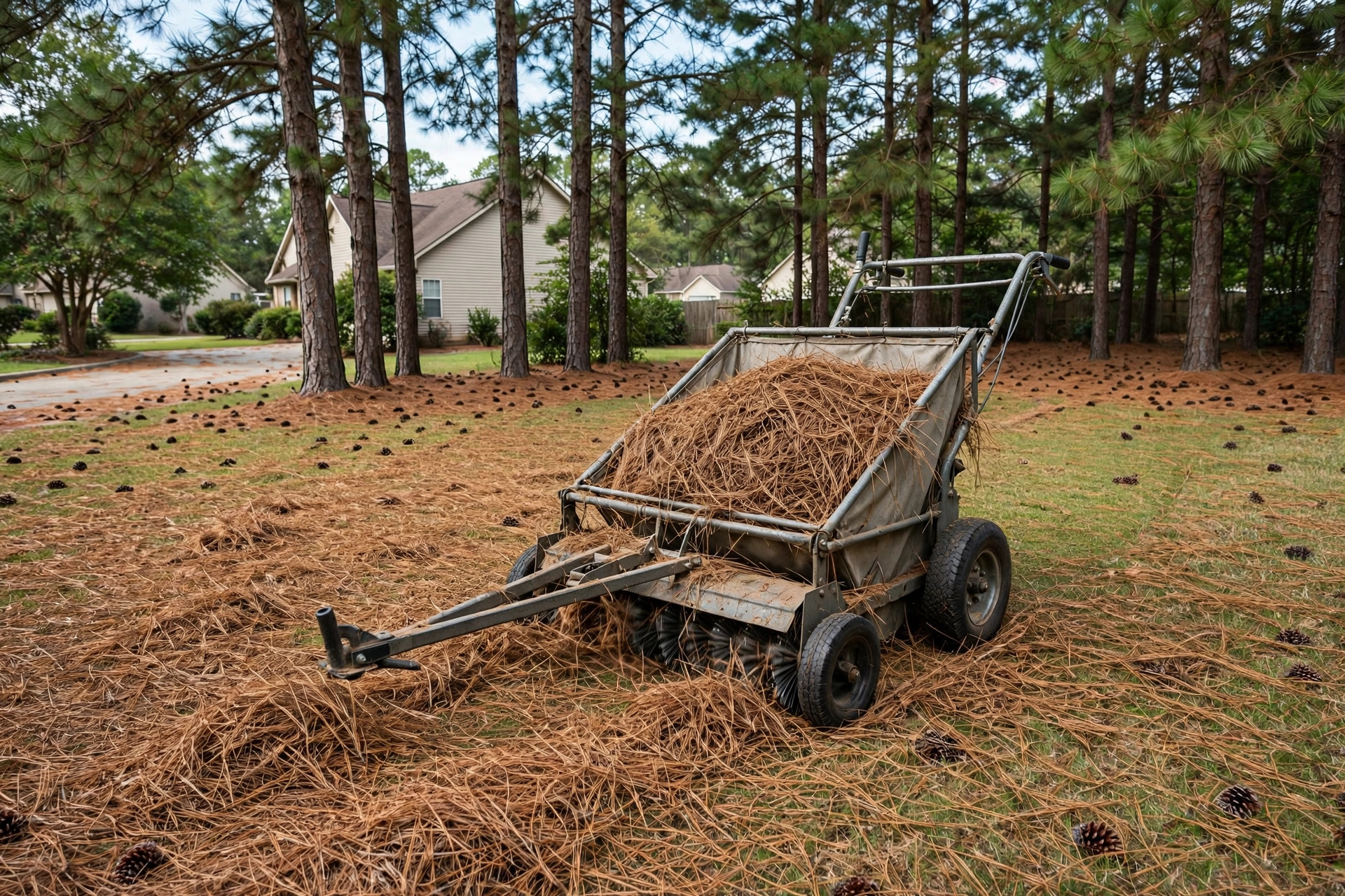 lawn sweeper for pine needles reviews: A tow-behind lawn sweeper collecting pine needles on a suburban yard