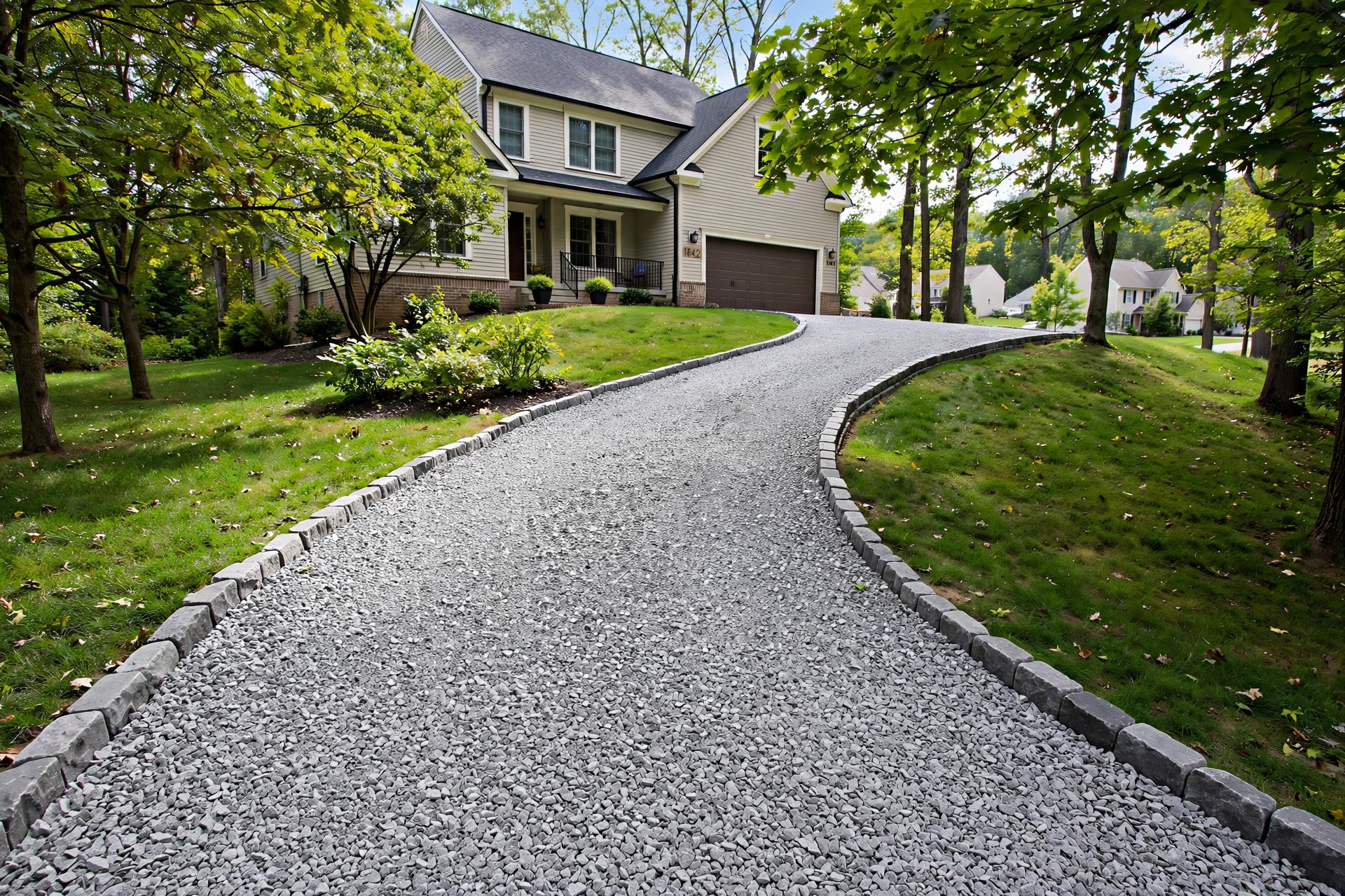 Gravel driveway installation cost USA: newly installed gravel driveway beside a home