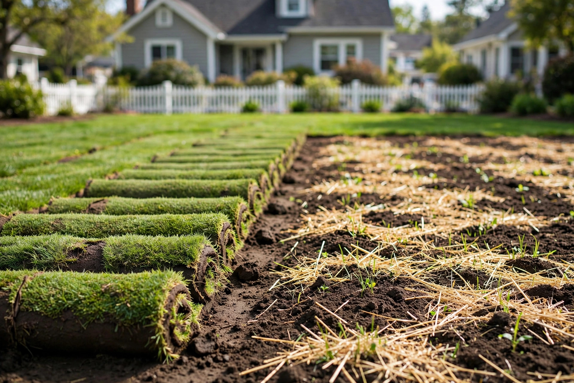 sod vs seed cost comparison guide: New sod rolls laid next to a seeded lawn section in an American suburban yard