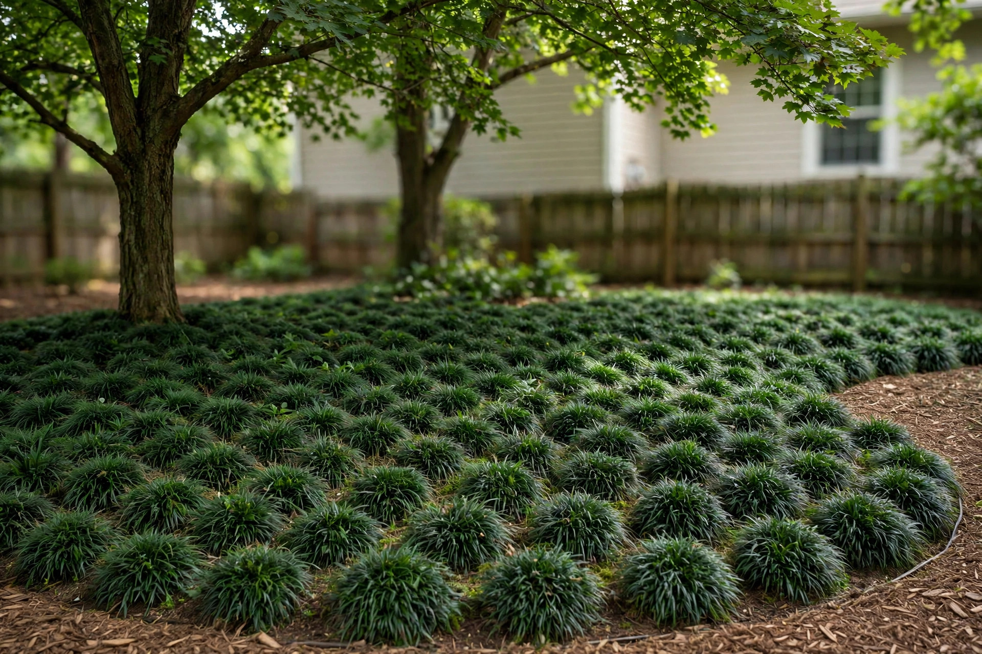 dwarf mondo grass ground cover reviews: Dwarf mondo grass ground cover planted under shade trees in an American yard