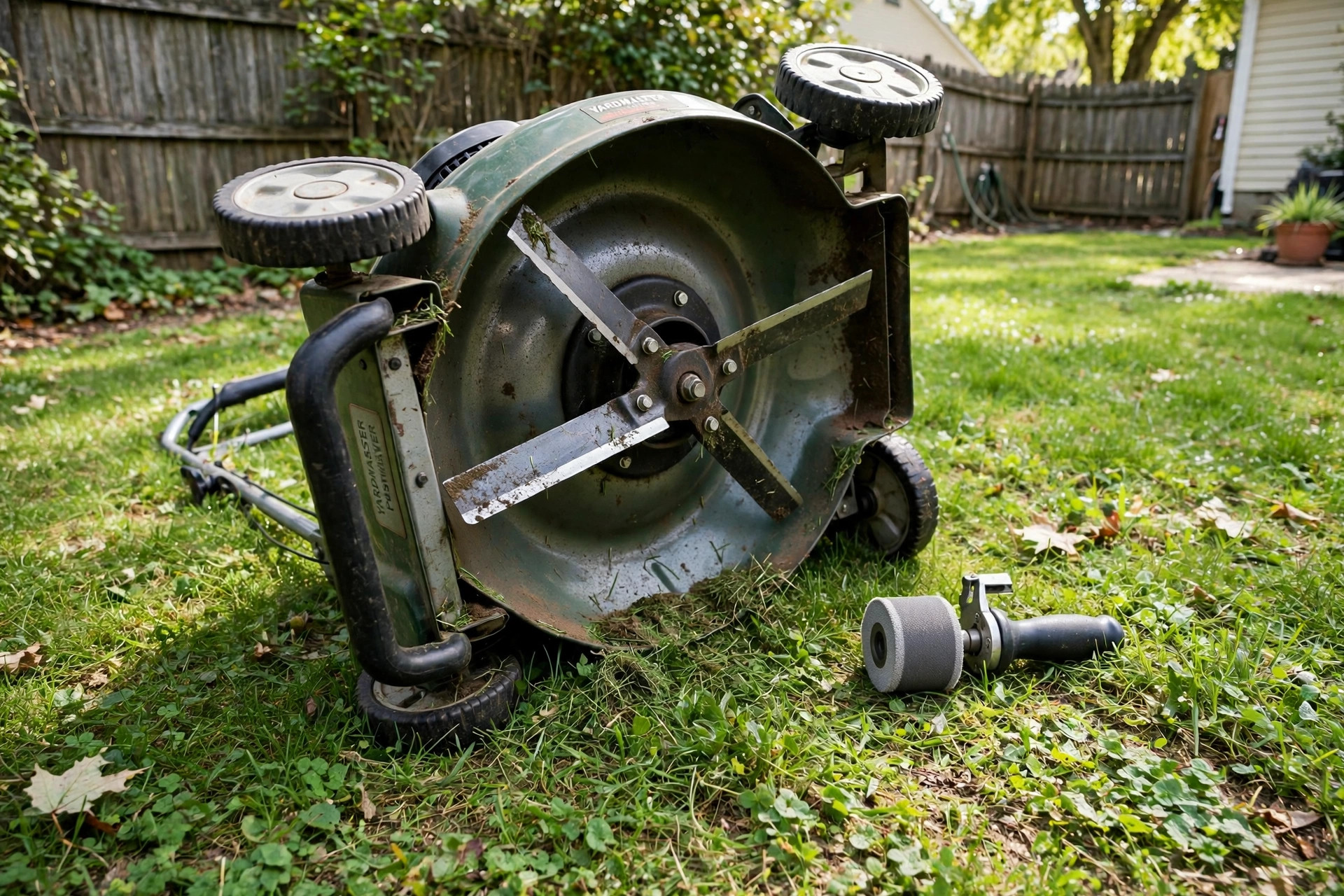 how to sharpen mower blades without removing: A mower blade being sharpened in place under the deck