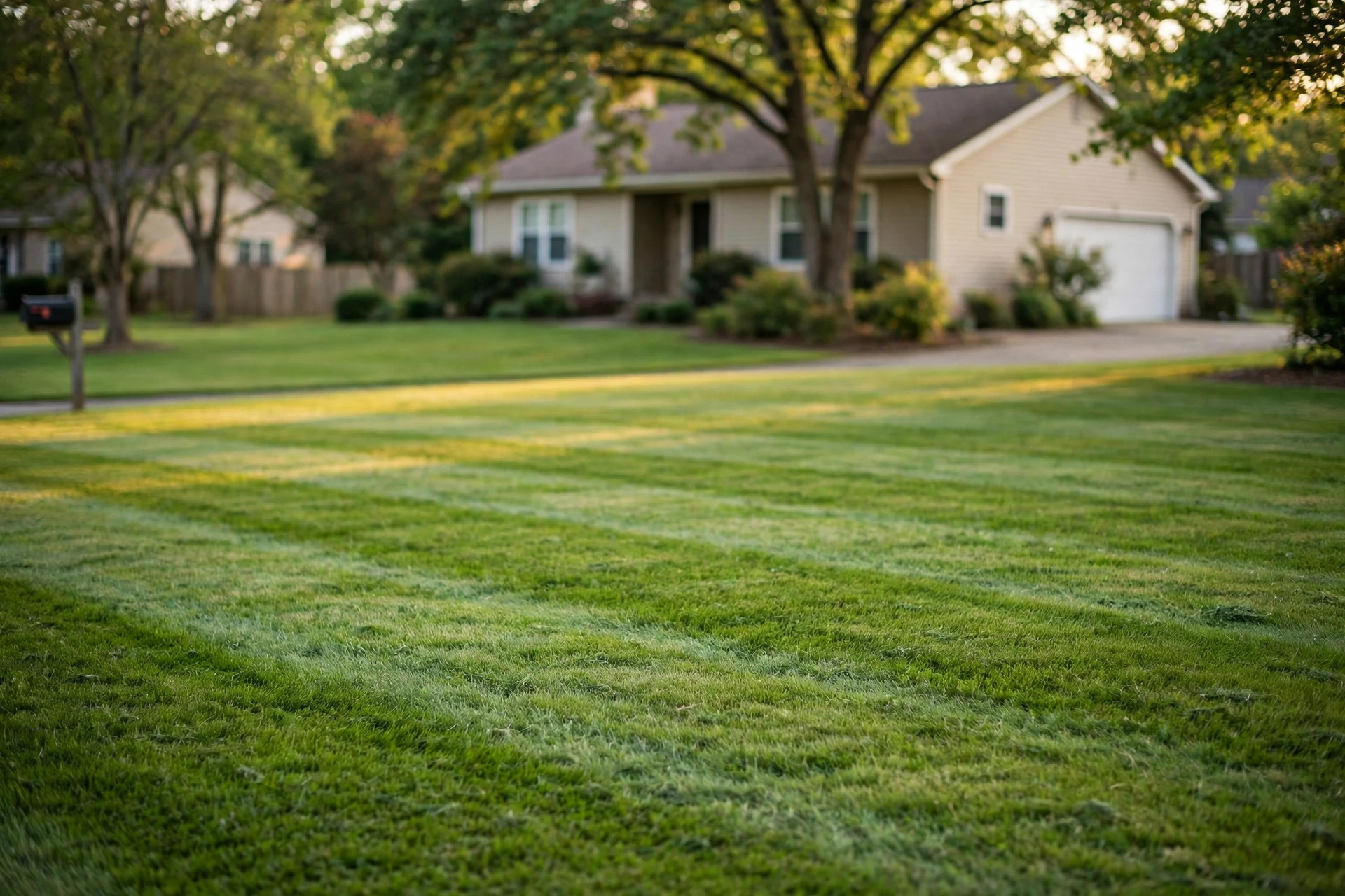 affordable lawn care plans near me: A freshly mowed green lawn with neat stripes in a suburban American yard