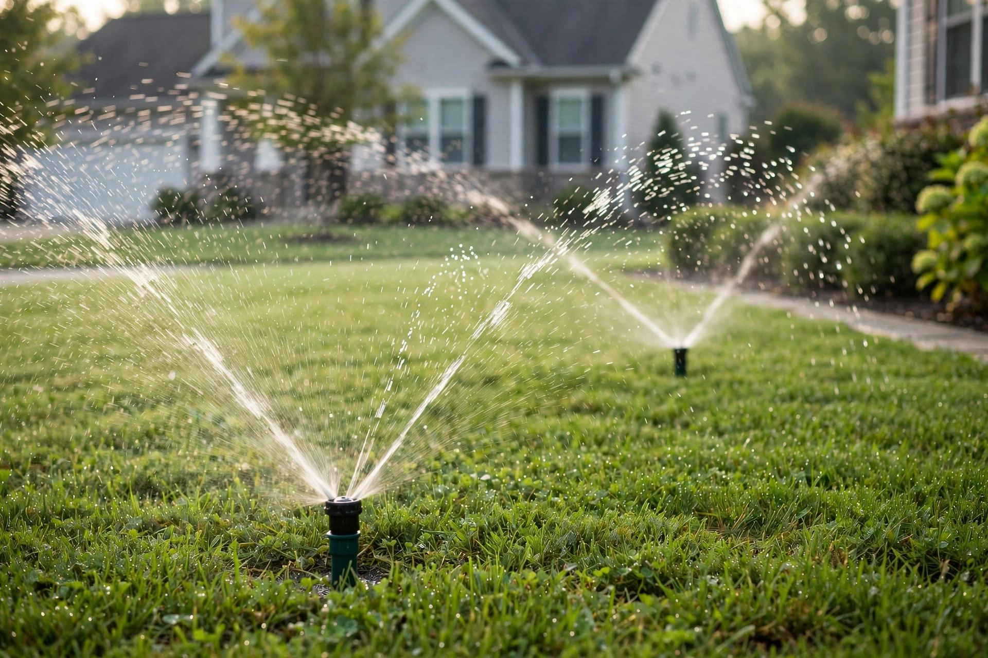 best sprinkler heads for low water pressure: Sprinkler heads watering a green lawn under low water pressure