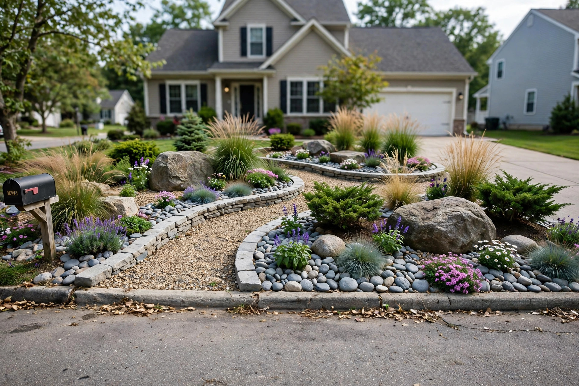 Rock garden ideas for front yard with stone beds and plants