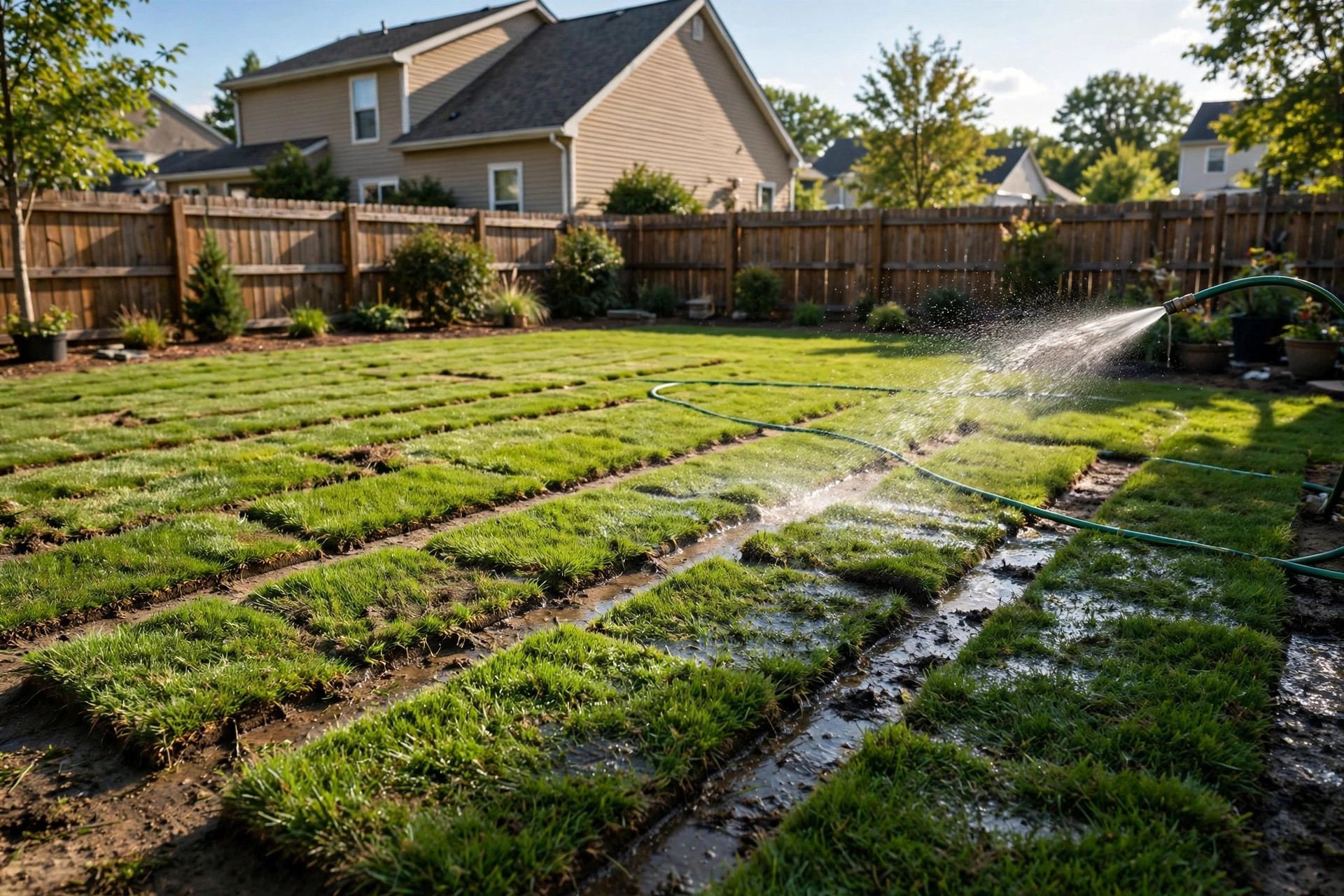 how to lay sod in summer heat: Rolls of fresh green sod ready to lay on a hot summer day