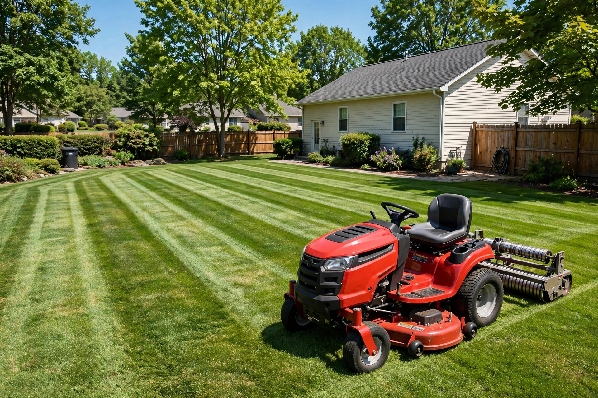 A lawn striping kit for riding mowers installed behind a red riding mower on a striped lawn