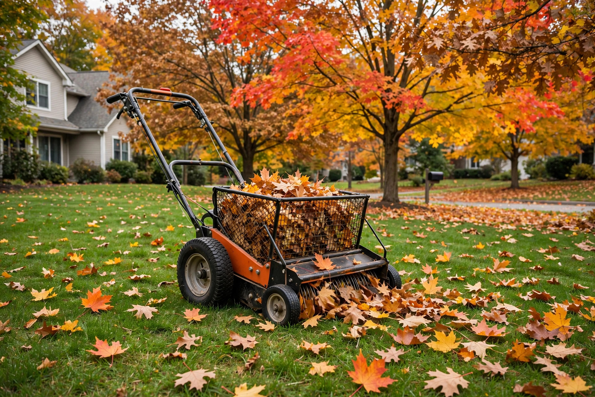 best push lawn sweeper for leaves: A push lawn sweeper collecting fallen leaves on a suburban lawn