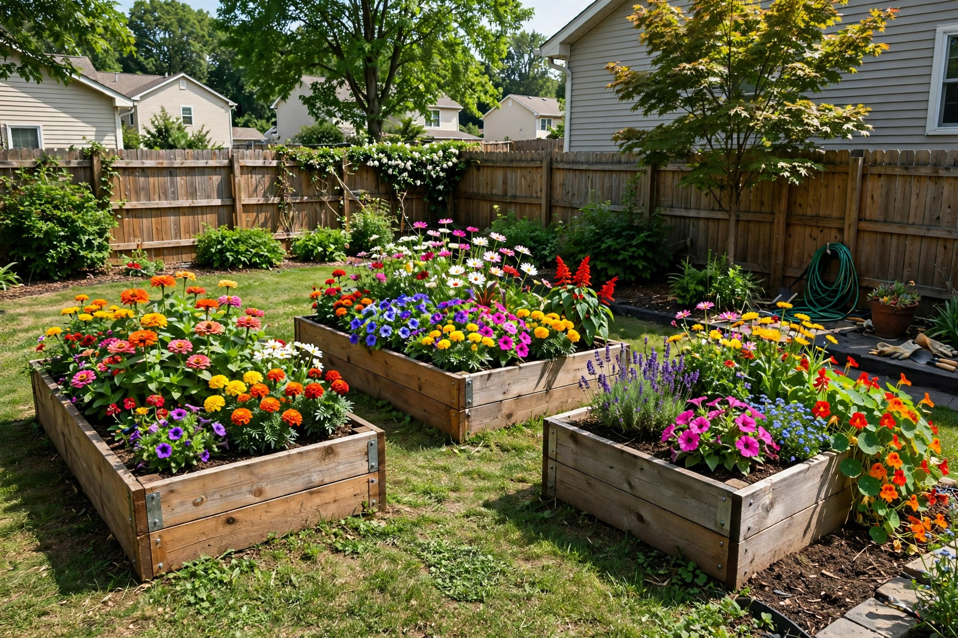 cheap raised flower bed kits online: Raised flower bed kits filled with bright flowers in a sunny backyard