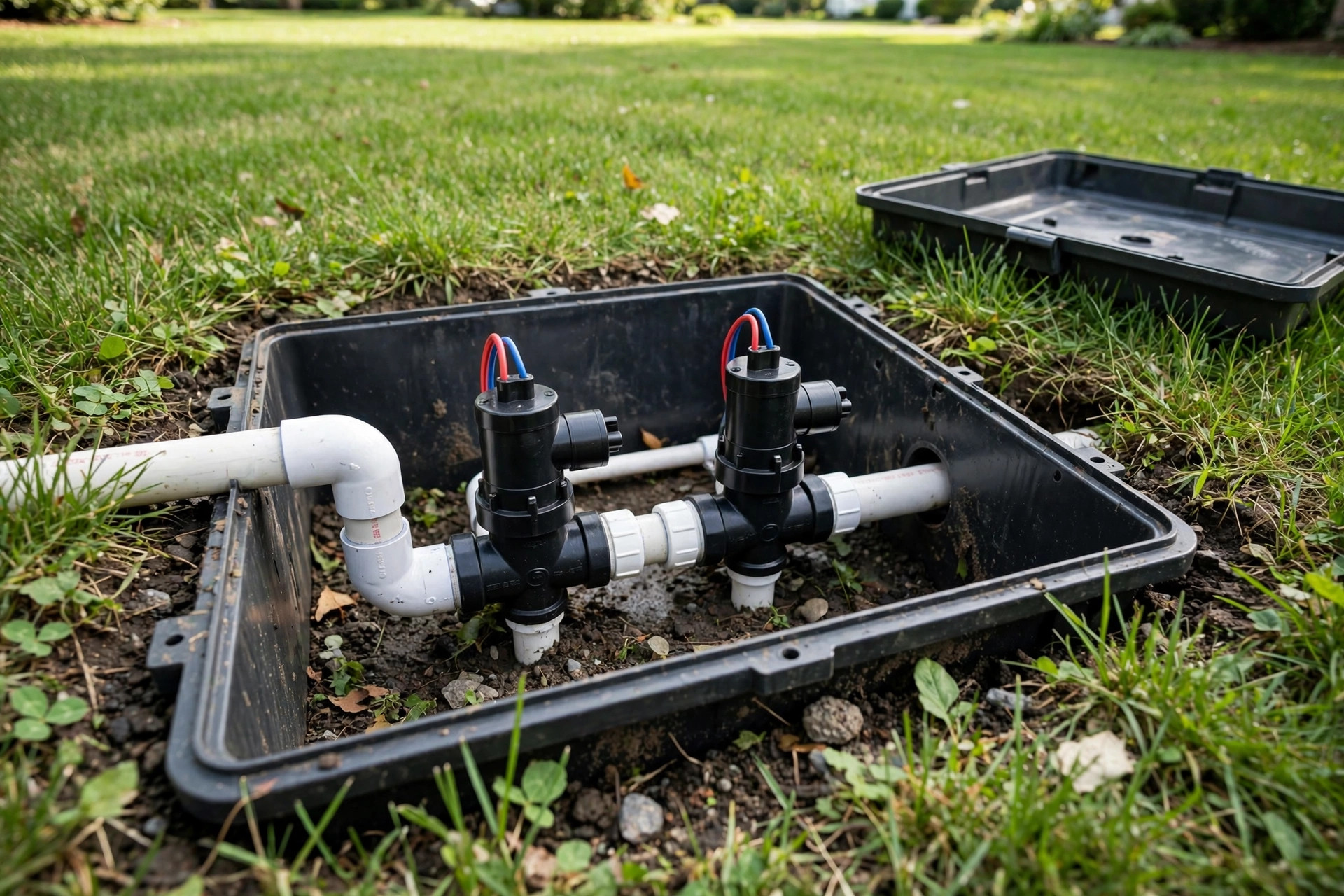 Sprinkler valves in an underground box showing focus keyword sprinkler valve replacement cost near me