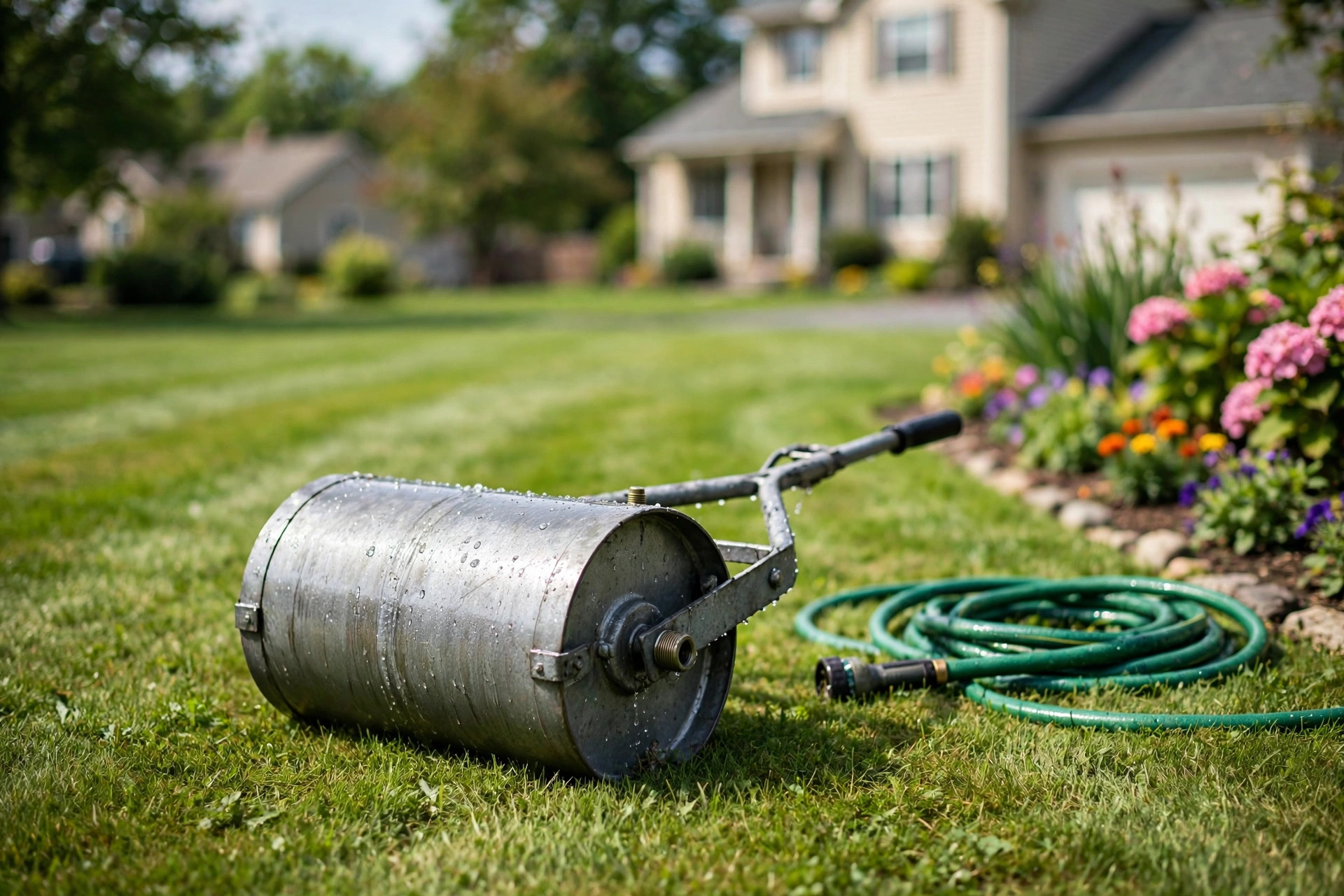 best lawn roller water filled reviews: A water filled lawn roller resting on a green lawn