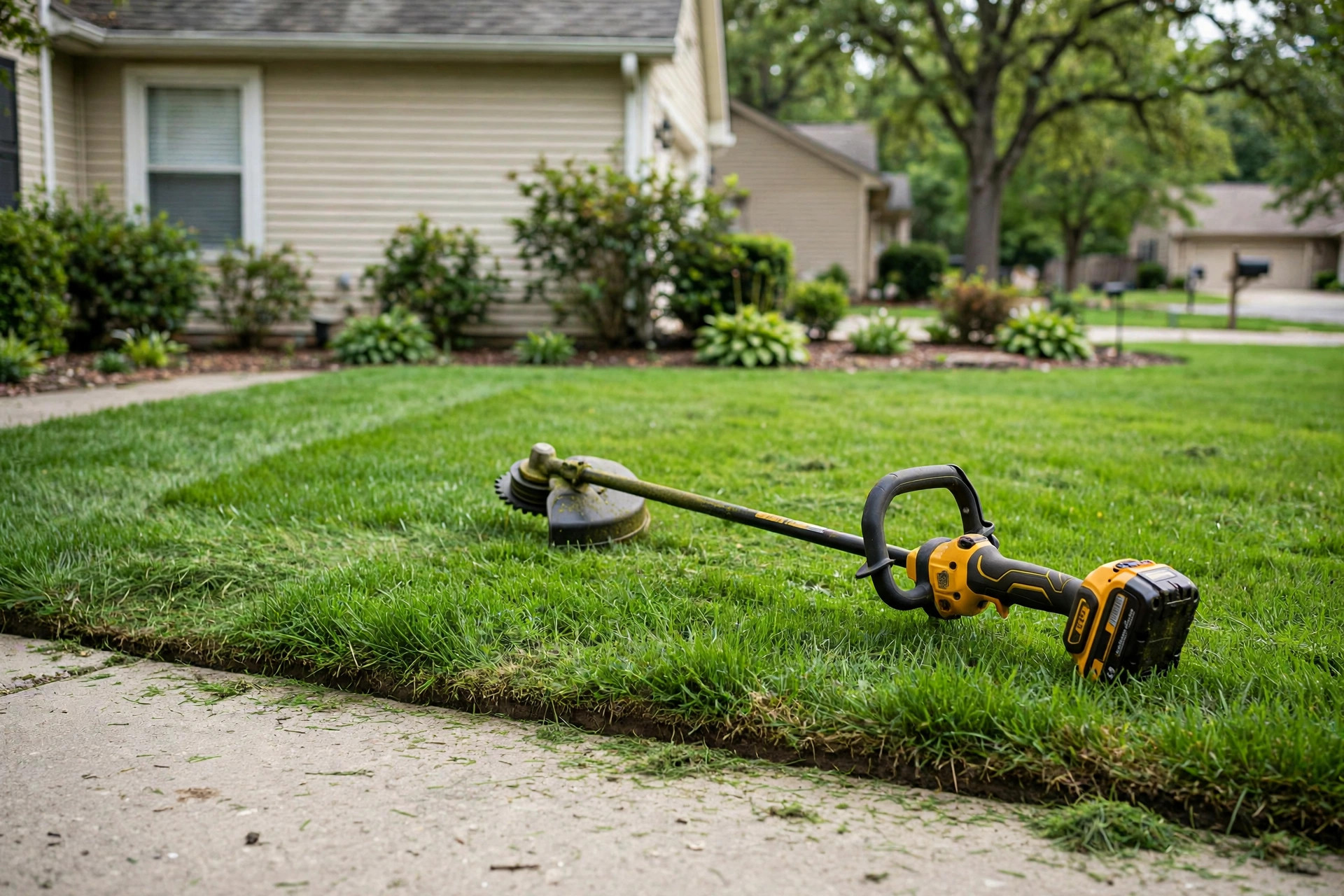how to edge lawn with string trimmer: Lawn edge cut cleanly with a string trimmer along a concrete sidewalk