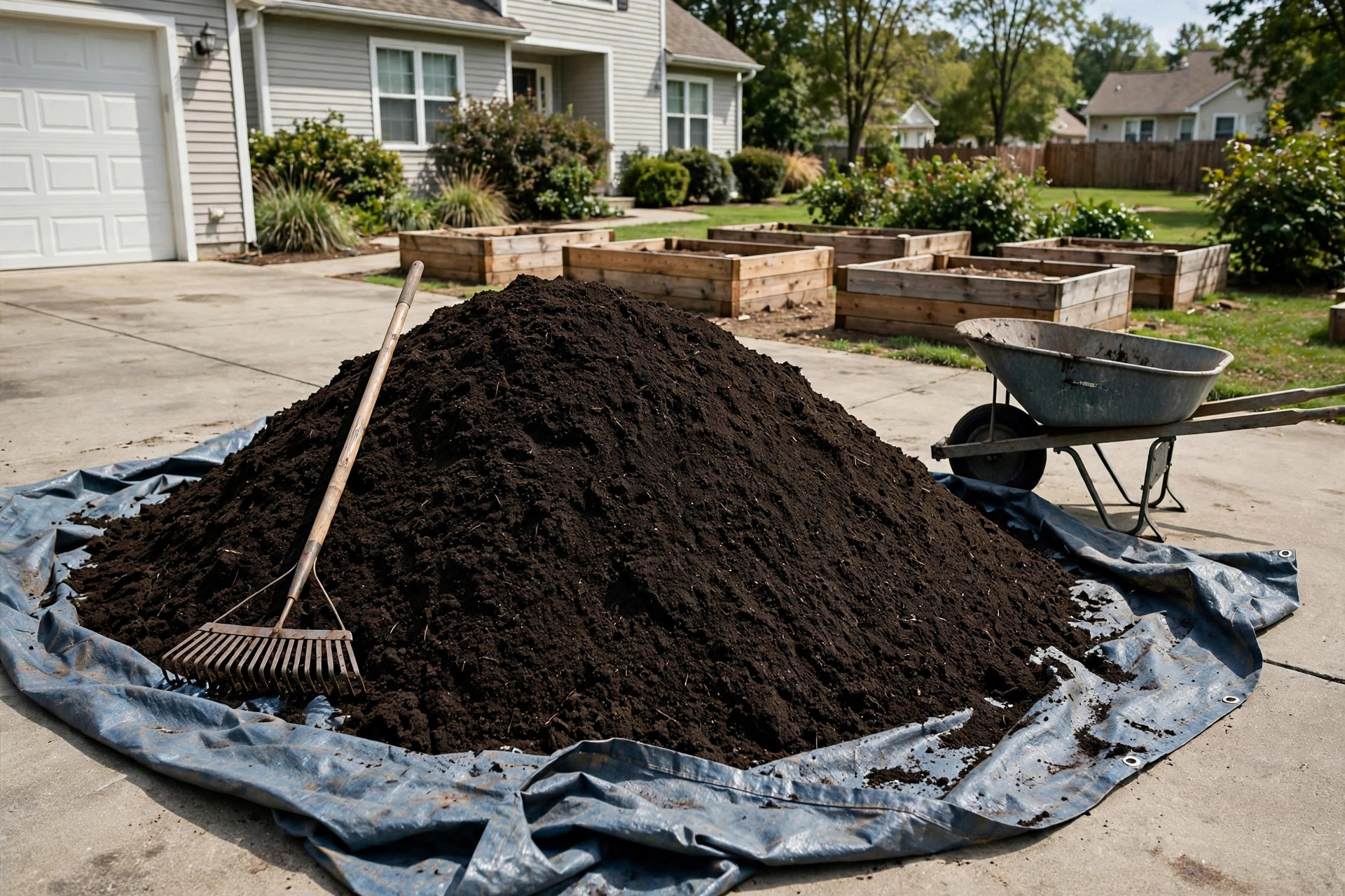 cheap topsoil delivery near me prices — a fresh pile of screened topsoil in a suburban backyard garden