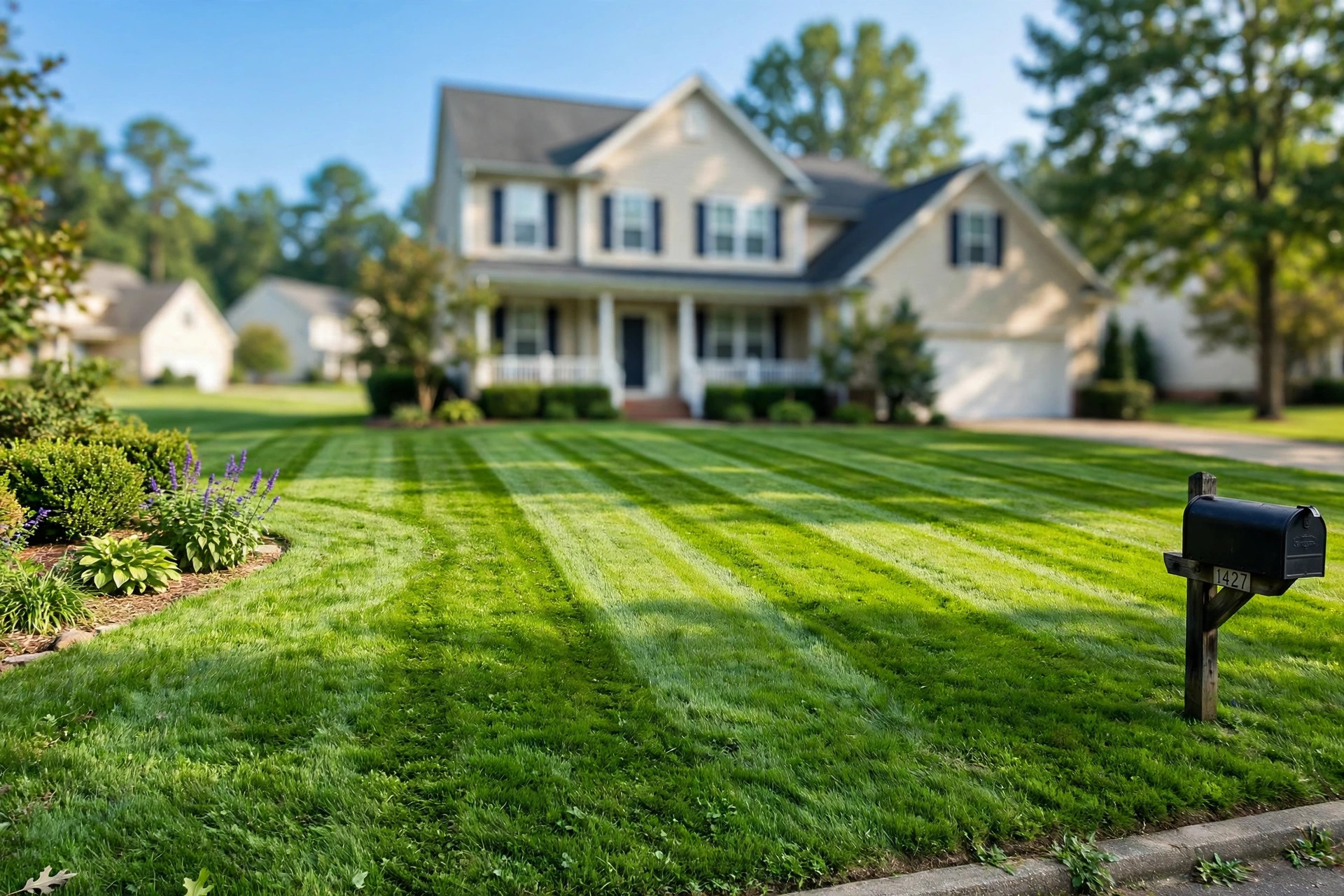 Lawn care tips for new homeowners: a green, freshly mowed front yard