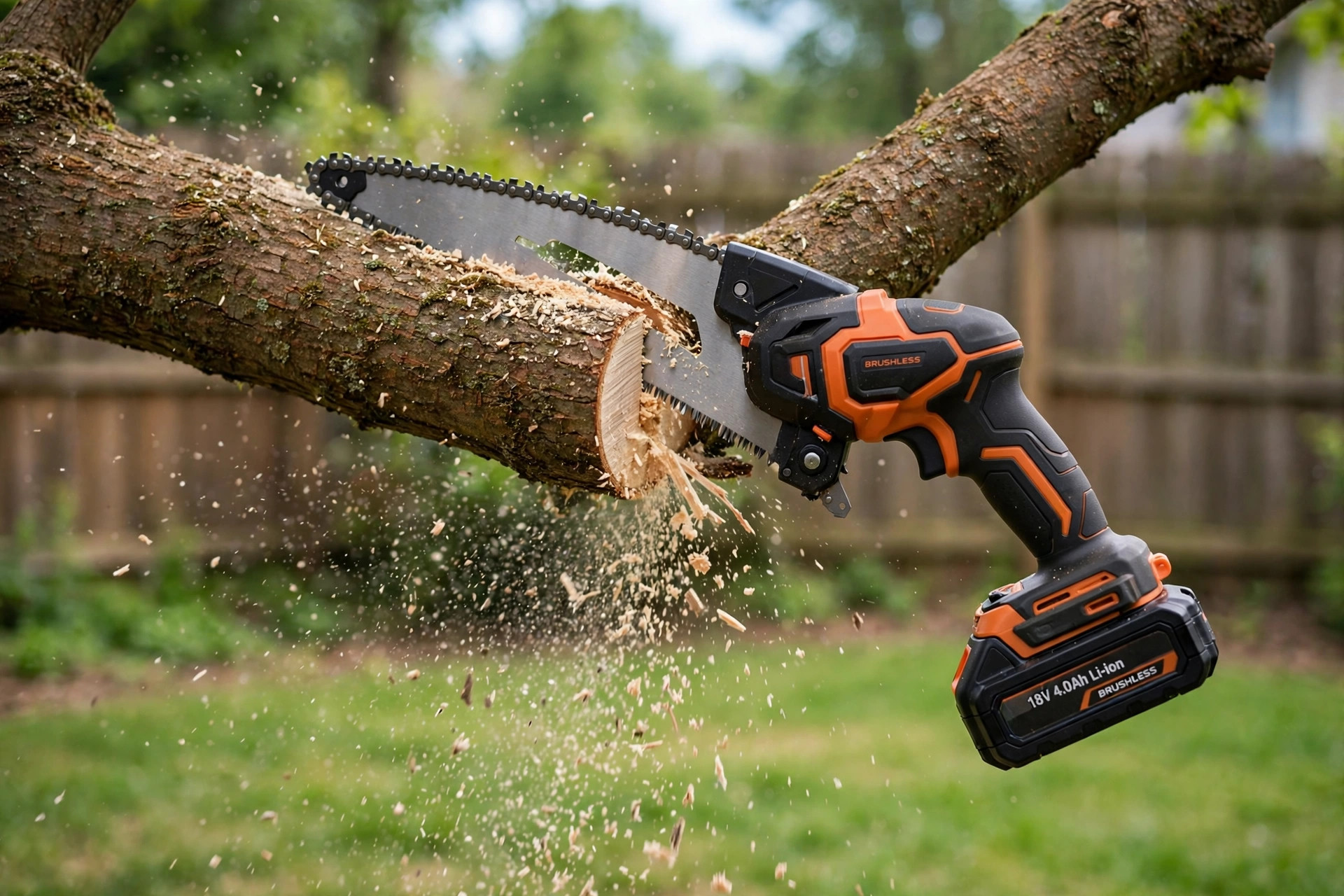 best cordless pruning saw for branches: A cordless pruning saw trimming a tree branch in a backyard